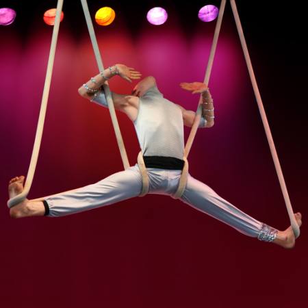El hombre, colgante, circo, rojo, cuerdas Galina Barskaya - Dreamstime