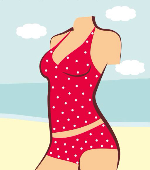 mujer, cuerpo, rojo, traje, bano, playa, agua, nubes, ropa Anvtim