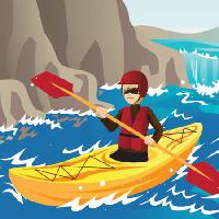 Pixwords La imagen con agua, remo, kayak, cascada, montaña, barco Artisticco Llc - Dreamstime