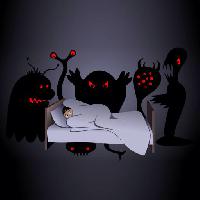 Pixwords La imagen con halloween, cama, monstruo, monstruos, noche, scarry Aidarseineshev