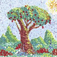Pixwords La imagen con de árboles, frutas, rojo, jardín, pintura, arte Anastasia Serduykova Vadimovna - Dreamstime
