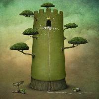 Pixwords La imagen con edificio, torre, verde, árbol, ramas, signo, escape, cuerda Annnmei
